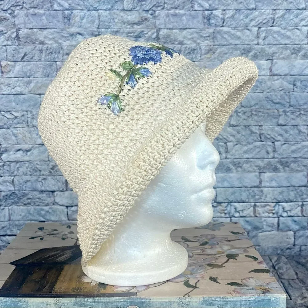 Vintage Woven Summer Hat Floppy Brim Embroidered 100% Woven Paper